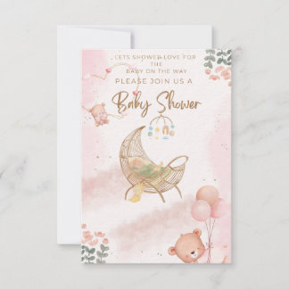 Cute Pink Floral Baby Shower Invitation with Teddy