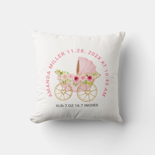 Cute pink floral baby Stroller Baby Birth Date Cushion (Front)