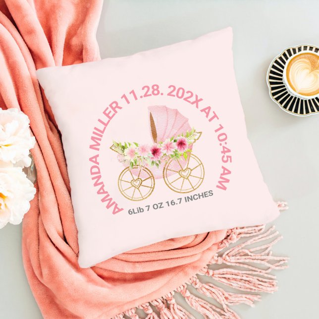 Cute pink floral baby Stroller Baby Birth Date Cushion (Creator Uploaded)