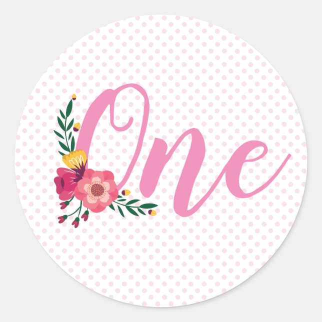 Cute Pink Floral Baby's 1st Birthday Classic Round Sticker (Front)
