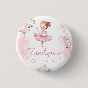 Cute pink floral ballerina birthday girl button