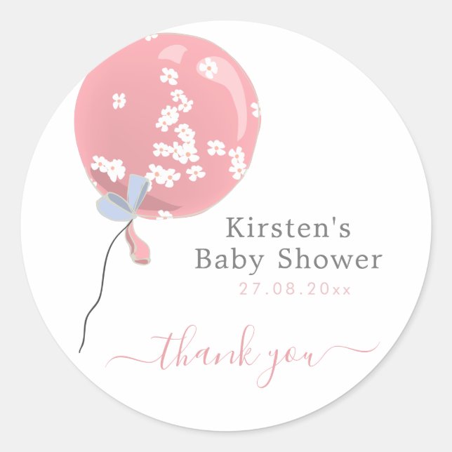 Cute Pink Floral Balloon - Baby Shower Thank You  Classic Round Sticker (Front)