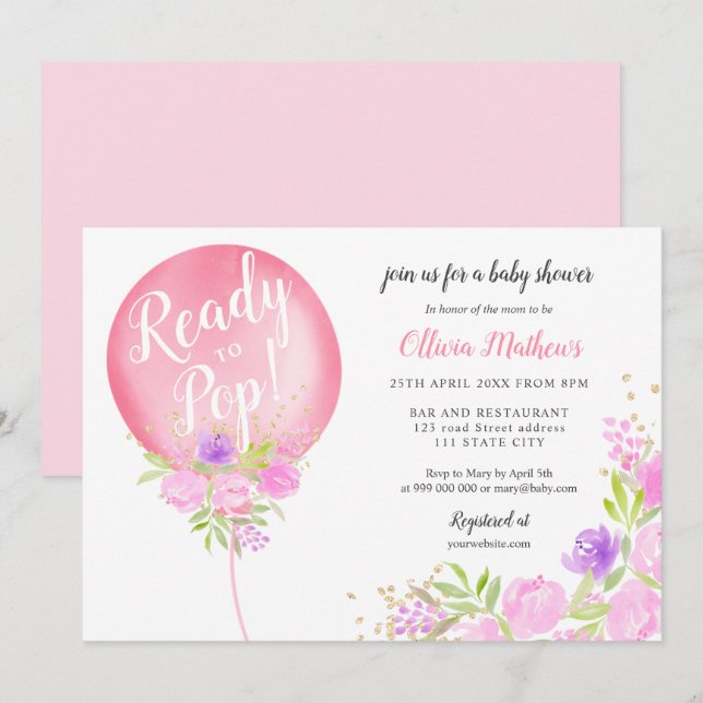 Cute pink floral balloon ready to pop baby shower invitation (Front/Back)