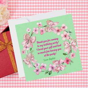 Cute Pink Floral Bow Girl Photo Birthday  Thank You Card
