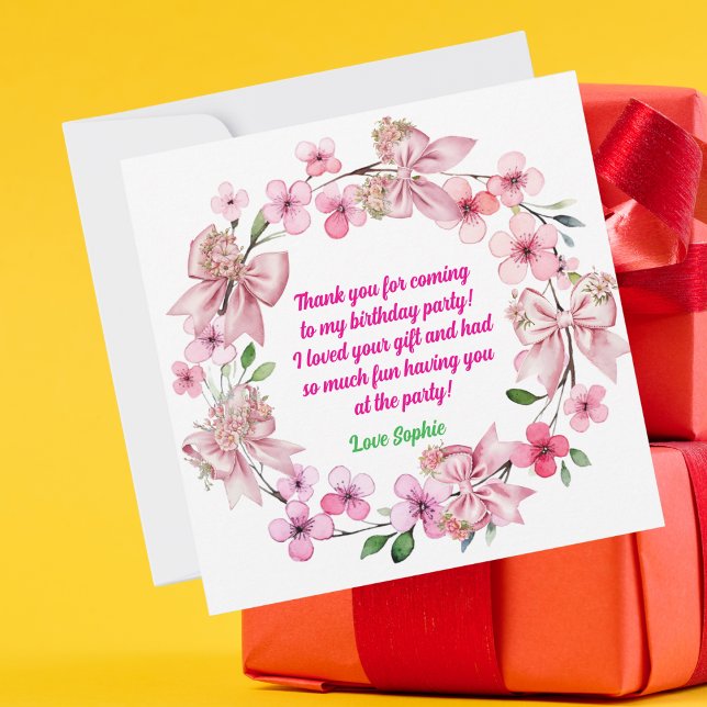 Cute Pink Floral Bow Girl Photo Birthday Thank You Card (Creator Uploaded)