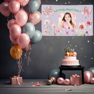 Cute Pink Floral Bow Girly Photo Birthday Banner