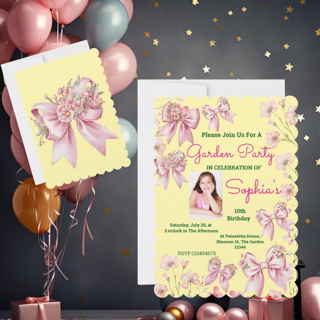  Cute Pink Floral Bow Girly Photo Birthday  Invitation (Creator Uploaded)