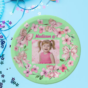 Cute Pink Floral Bow Photo 1st Birthday Party Paper Plate