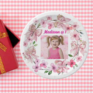 Cute Pink Floral Bow Photo 1st Birthday Party Paper Plate