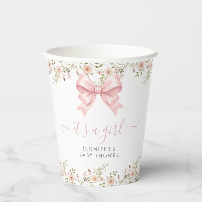 Cute Pink Floral Bow Spring Baby Girl Shower Paper Cups (Front)