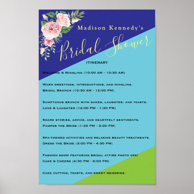 Cute Pink Floral 🌸 Bridal Shower Itinerary  Poster (Front)