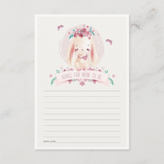 Cute Pink Floral Bunny Advice For Mum Baby Shower Enclosure Card (Front)