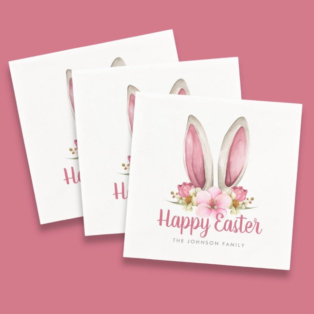 Cute Pink Floral Bunny Ears Happy Easter Napkin (Cute Pink Floral Bunny Ears Happy Easter Napkins)