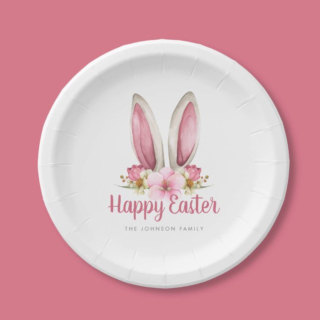 Cute Pink Floral Bunny Ears Happy Easter Paper Plate (Cute Pink Floral Bunny Ears Happy Easter Paper Plates)