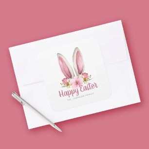 Cute Pink Floral Bunny Ears Happy Easter Square Sticker
