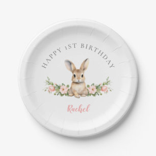 Cute Pink Floral Bunny Girl 1st Birthday  Paper Plate
