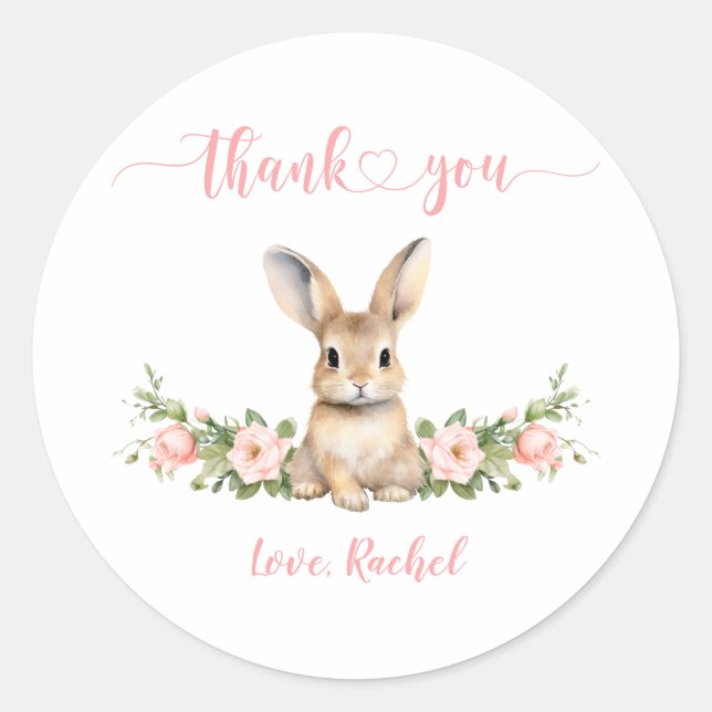 Cute Pink Floral Bunny Girl 1st Birthday Thank You Classic Round Sticker (Front)