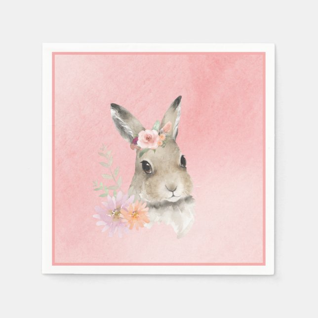 Cute Pink Floral Bunny Watercolor Baby Shower Napkin (Front)