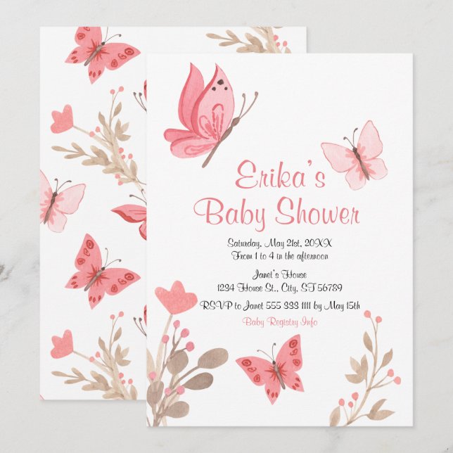 Cute Pink Floral Butterflies Baby Shower Invitation (Front/Back)