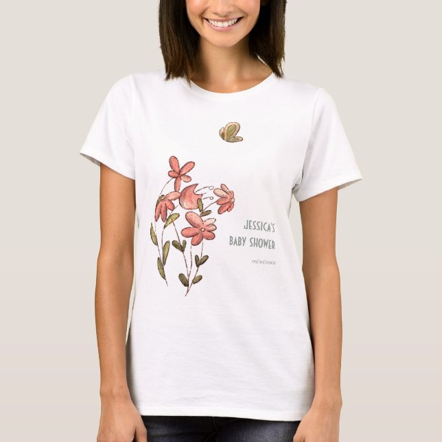 Cute Pink Floral Butterfly Baby Shower  T-Shirt (Front)