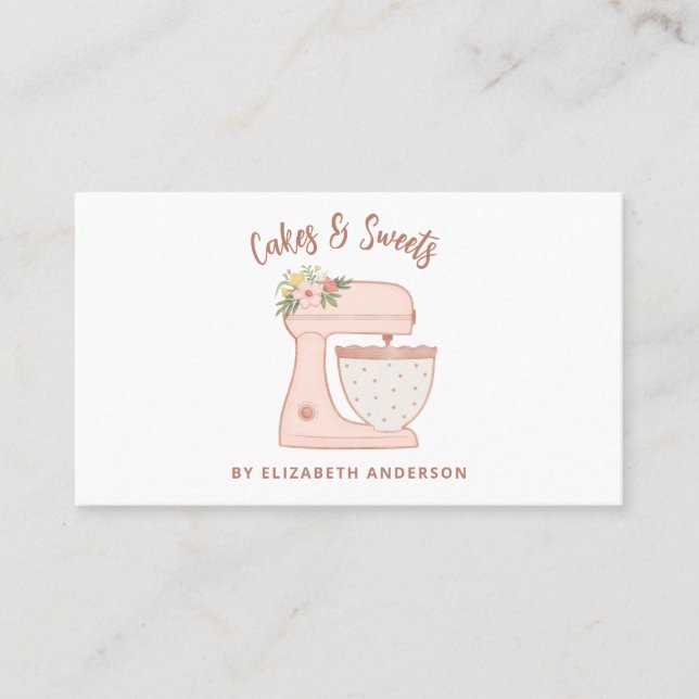 Cute Pink Floral Cake Mixer Bakery Business Card (Front)
