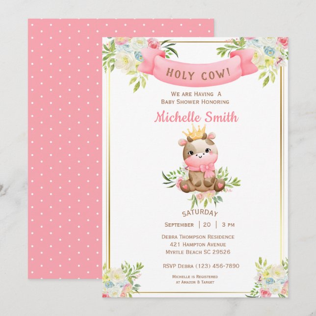 Cute Pink Floral Cow Baby Shower   Invitation (Front/Back)