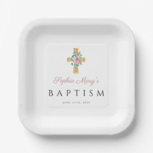 Cute Pink Floral Cross Baptism Paper Plate