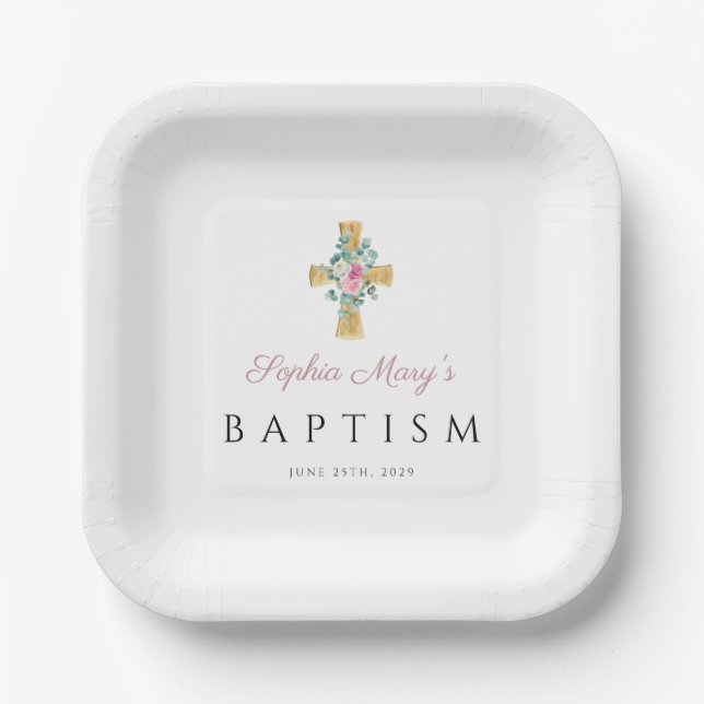 Cute Pink Floral Cross Baptism Paper Plate (Front)