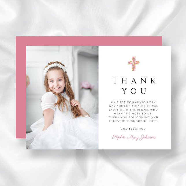 Cute Pink Floral Cross Photo Girl First Communion Thank You Card (Cute Pink Floral Cross Photo Girl First Communion Thank You Card)