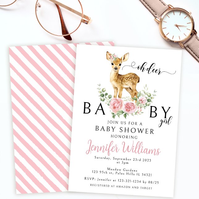 Cute pink floral deer baby girl shower Invitation (Creator Uploaded)