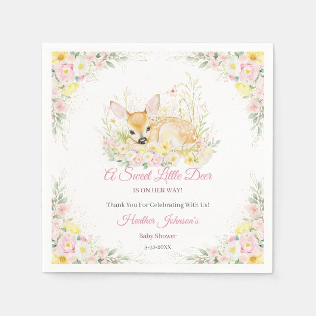 Cute Pink Floral Deer Baby Shower Napkin (Front)