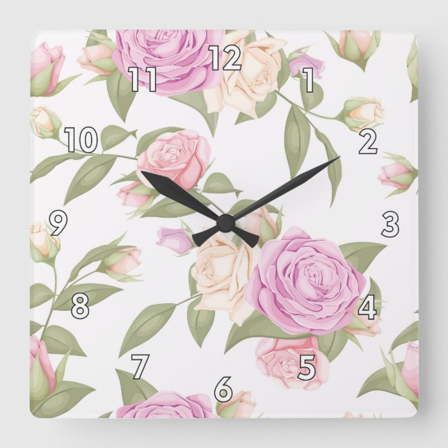 Cute Pink Floral Drawing Square Wall Clock (Front)