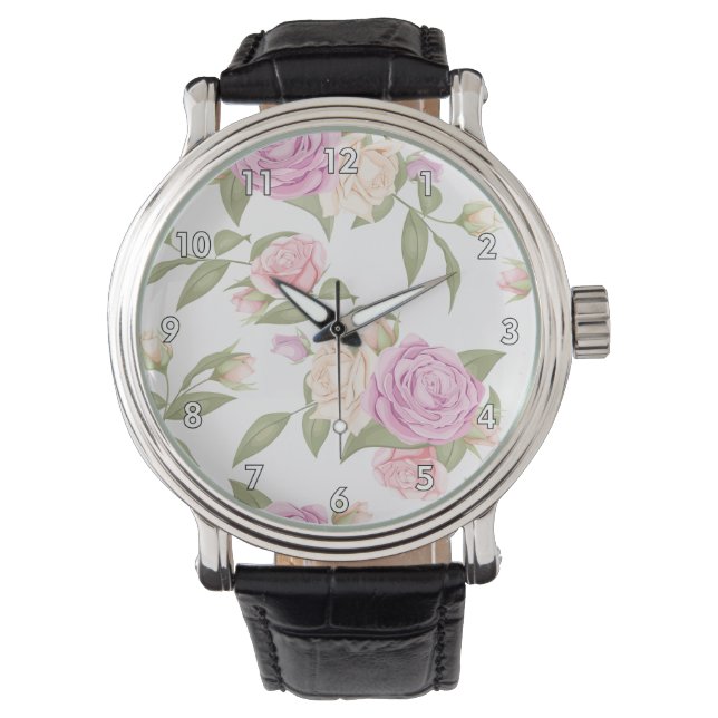 Cute Pink Floral Drawing Watch (Front)