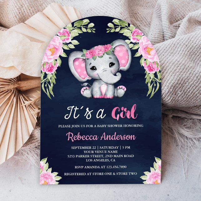 Cute Pink Floral Elephant Arch Navy Baby Shower Invitation (Creator Uploaded)