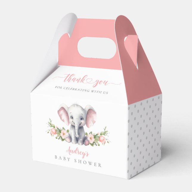 Cute Pink Floral Elephant Baby Girl Shower Favour Box (Front Side)