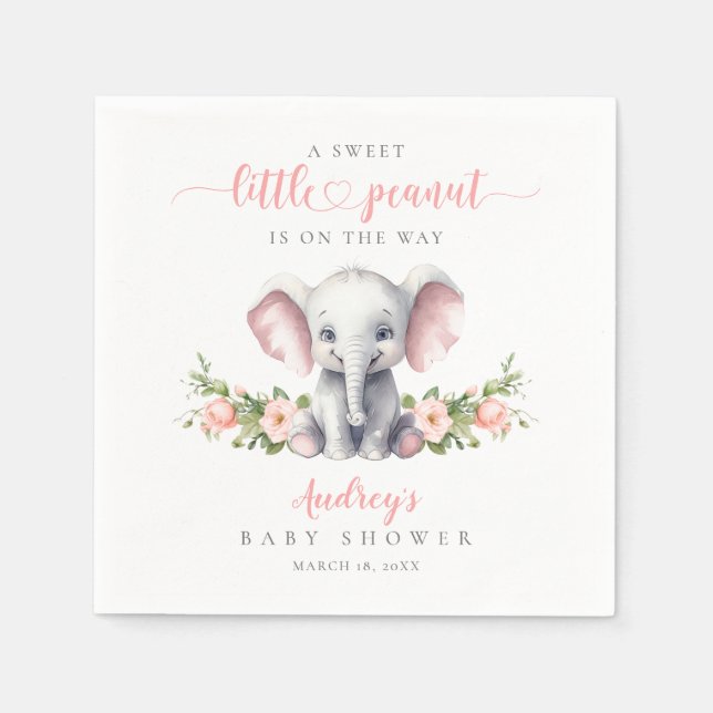 Cute Pink Floral Elephant Baby Girl Shower Napkin (Front)