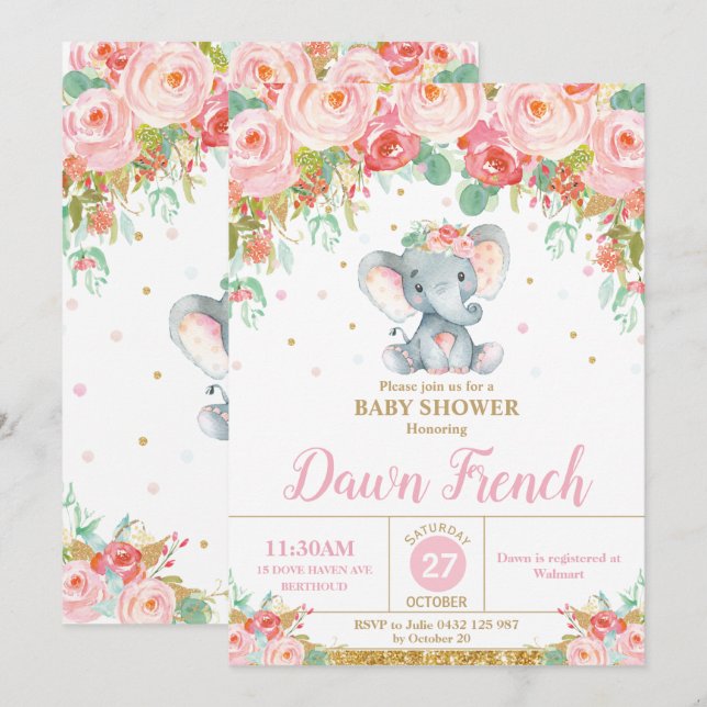 Cute Pink Floral Elephant Baby Shower Baby Girl Invitation (Front/Back)