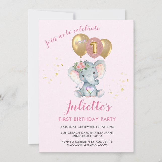 Cute Pink Floral Elephant First Birthday Girl Invitation (Front)