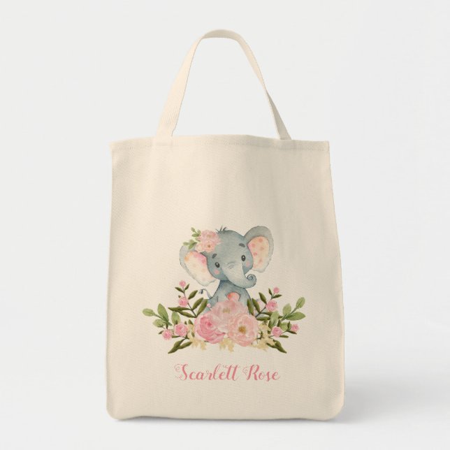 Cute Pink Floral Elephant Tote Bag Personalised (Front)
