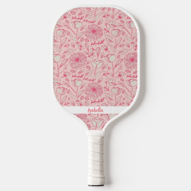 Cute Pink Floral Flowers Custom Name Pickleball Paddle (Front)