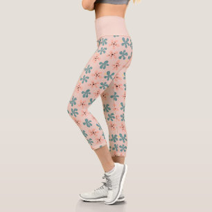 Cute Pink Floral Flowers Doodle Pattern Capri Leggings
