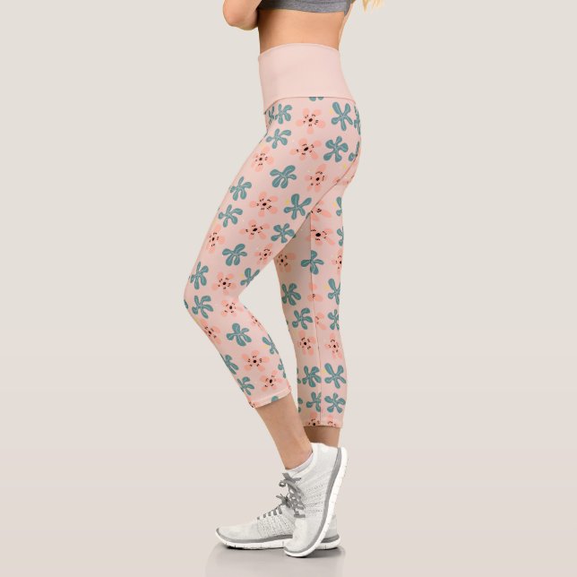 Cute Pink Floral Flowers Doodle Pattern Capri Leggings (Left)