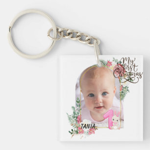 Cute pink Floral Frame Baby girl First christmas Key Ring