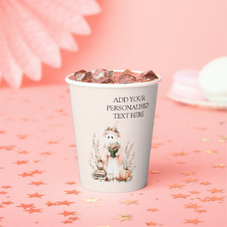 Cute Pink Floral Ghost with Pumpkin Halloween  Paper Cups
