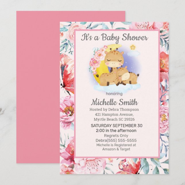 Cute Pink Floral Giraffe Mum Baby Shower   Invitation (Front/Back)
