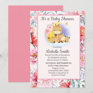 Cute Pink Floral Giraffe Mum Baby Shower   Invitation