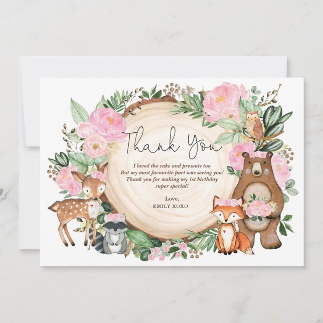 Cute Pink Floral Girl Woodland Birthday Thank You (Front)