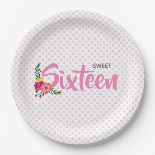 Cute Pink Floral Girl's Sweet Sixteen Birthday Paper Plate