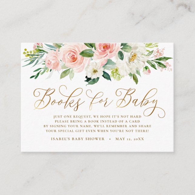 Cute Pink Floral Greenery Book Request Baby Shower Enclosure Card (Front)