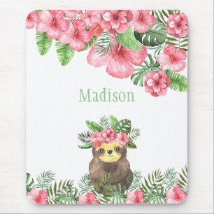 Cute Pink Floral Hawaiian Sloth Animal Name Mouse Mat